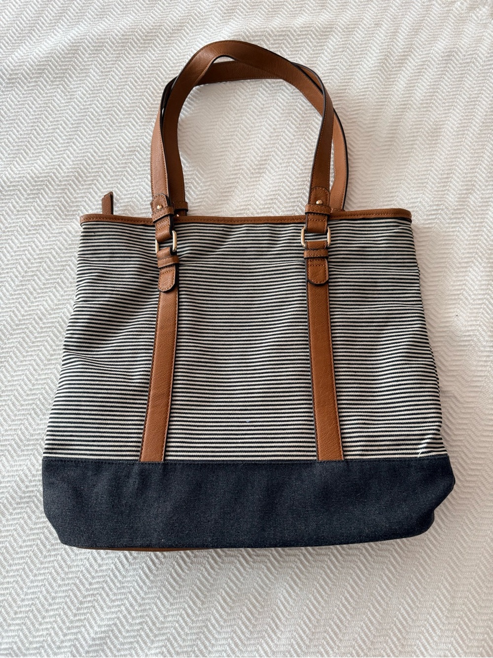 ACCESSORIZE Striped Canvas Tote Bag with Brown Leather Handles